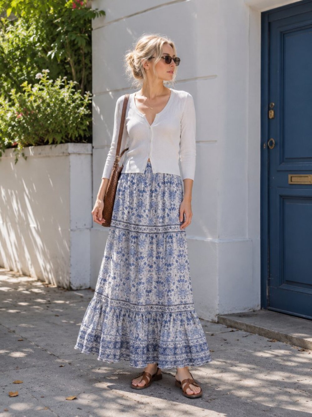 Just Jeans Linen Blend Floral Tiered Maxi Skirt Blue White Elastic Waist